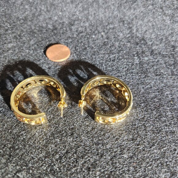 Pair of COACH Signature C openwork Logo pierced Open Hoop gold tone earrings - Picture 3 of 9